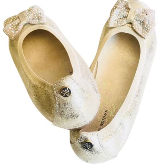 Stuart Weitzman Ballet Flats Gold Crystal Bow Women's Feminine Dainty Sparkly 5 - Picture 4 of 8